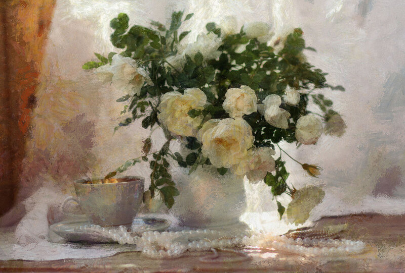 White Roses in Vase — Serene, Painting