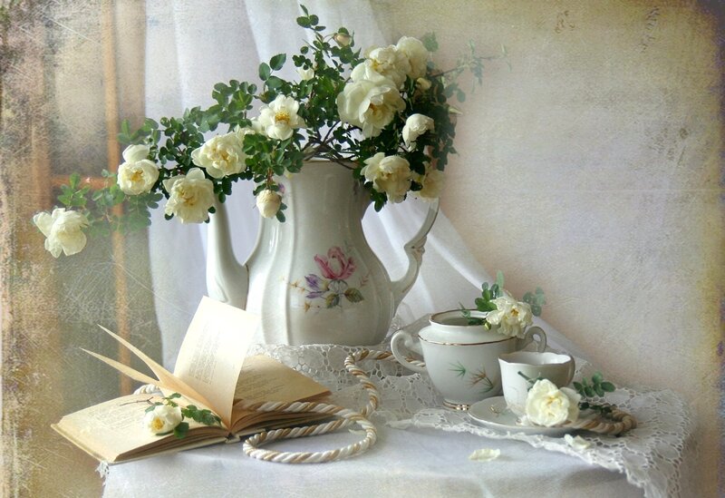 White Roses in Vase — Serene, Photograph, Book