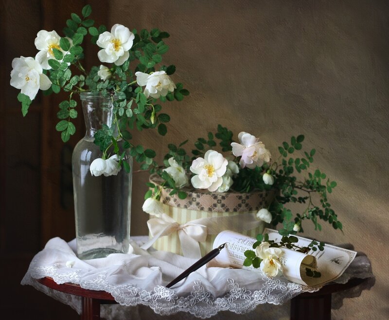 White Roses in Vase — Serene, Photograph, Box
