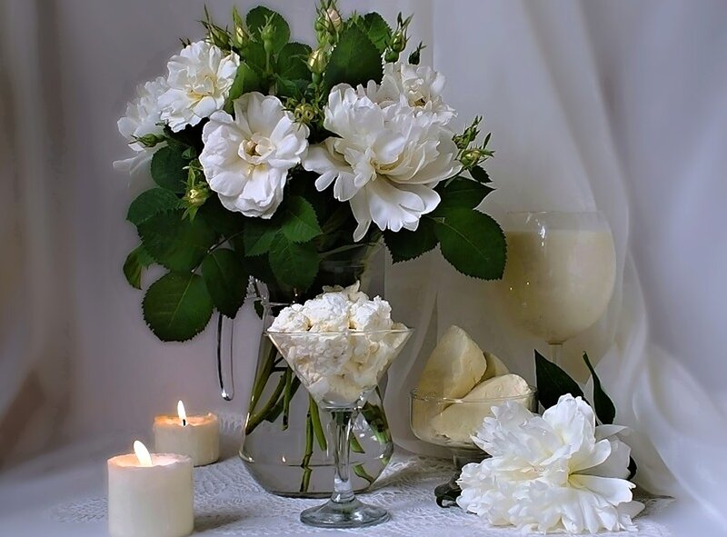 White Roses in Vase — Serene, Photograph, Candles, Dessert