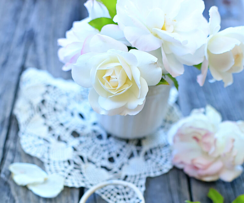 White Roses in Vase — Serene, Photograph, Doily
