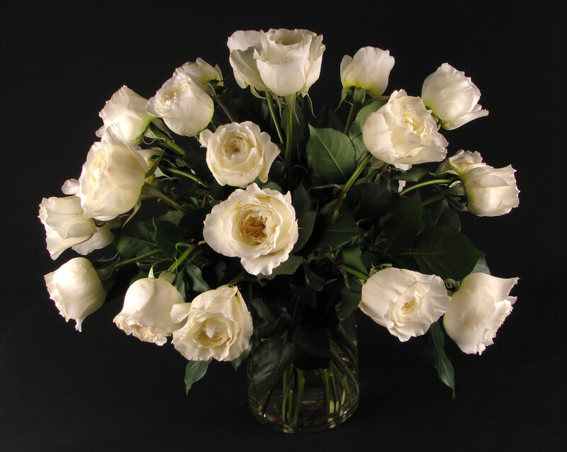 White Roses in Vase — Serene, Photograph, Green Leaves
