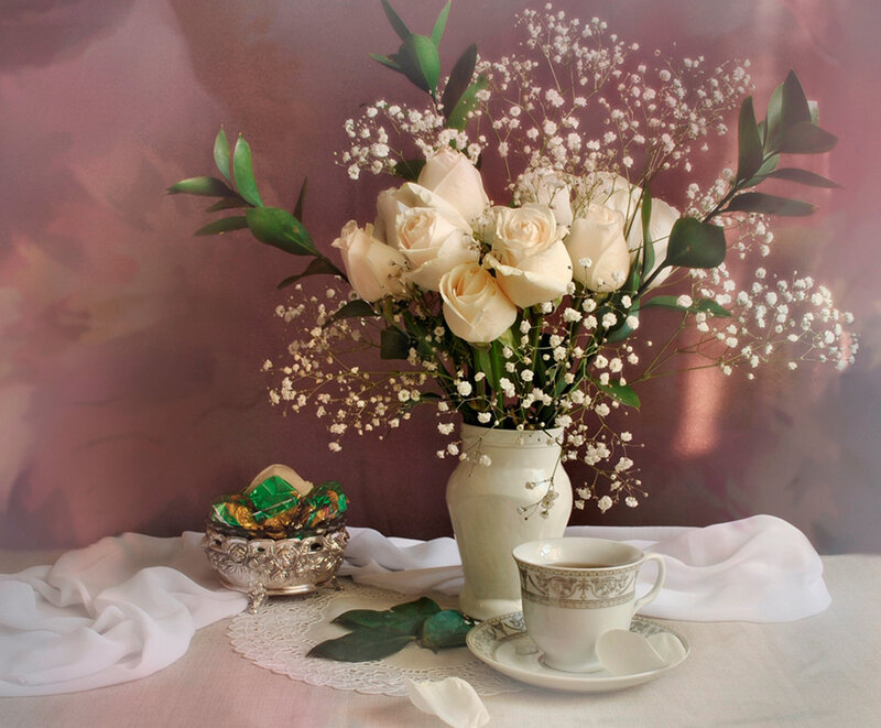 White Roses in Vase — Serene, Photograph, Tea Cup
