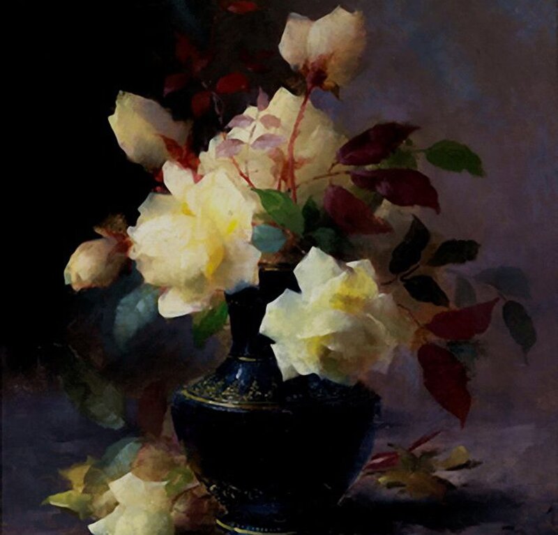 White Roses in Vase — Yellow, Dramatic