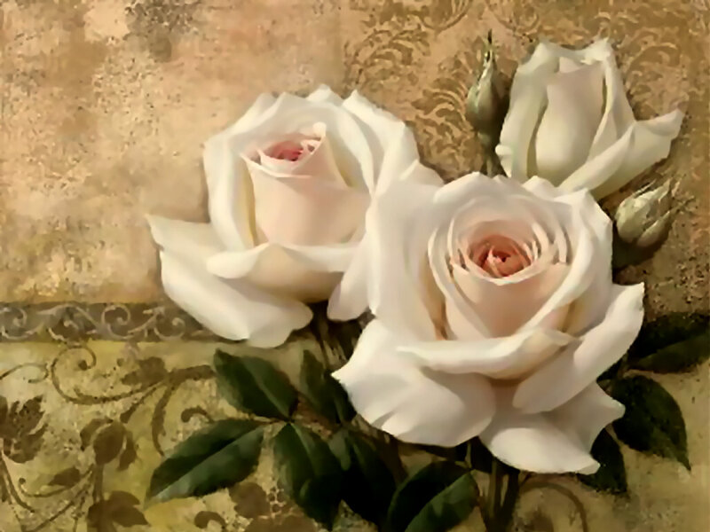 White Roses on Patterned Fabric — Serene
