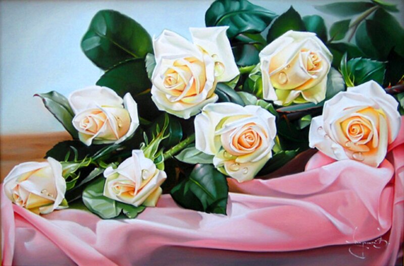 White Roses on Pink Cloth
