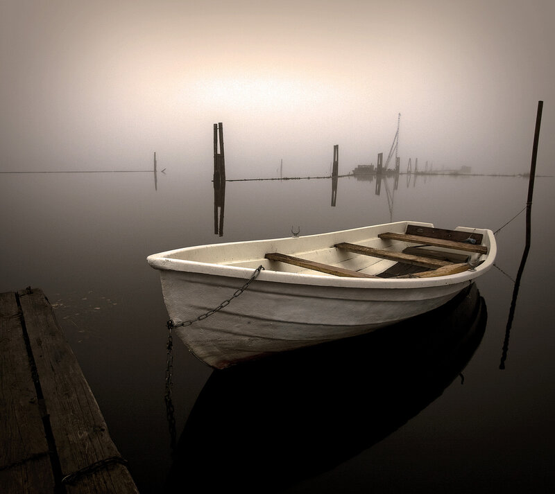White Rowboat in Fog — Gray