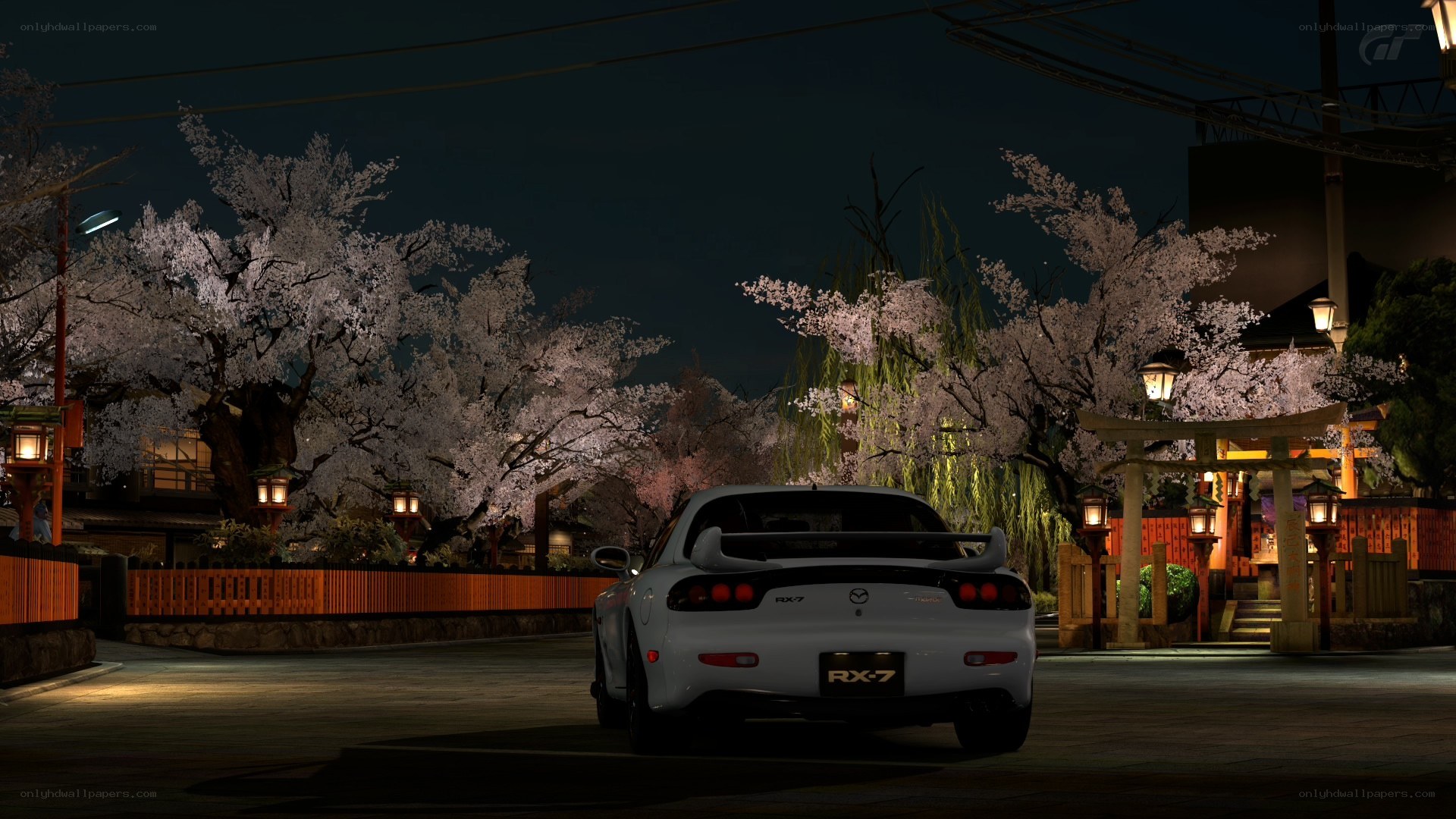 White RX-7 under cherry blossoms