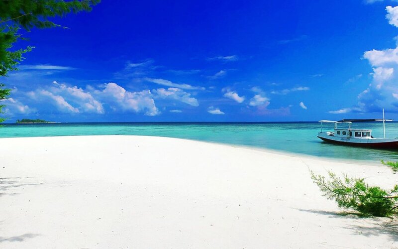 White Sand Beach — Blue, Serene, Afternoon, Photograph, Boat, Ocean