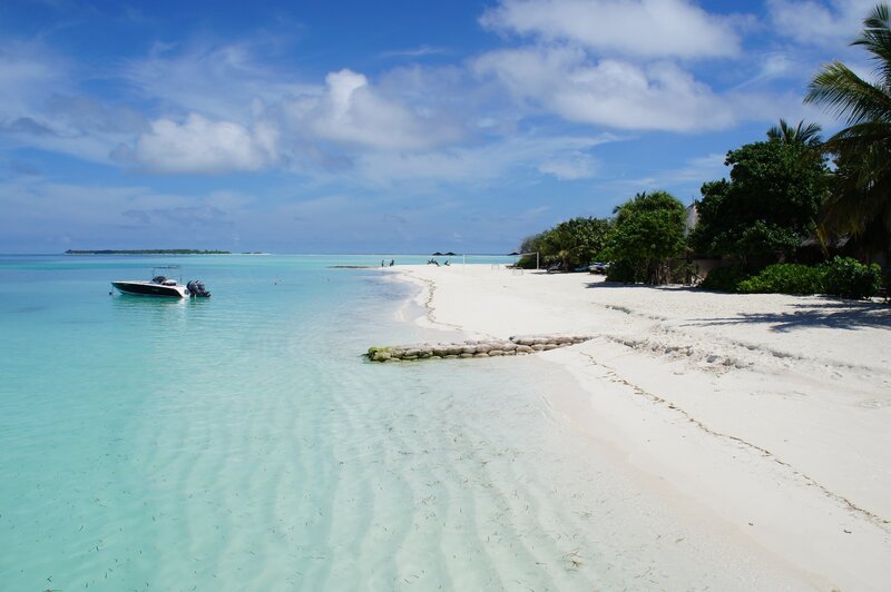 White Sand Beach — Blue, Serene, Afternoon, Photograph, Boat, Palm Trees