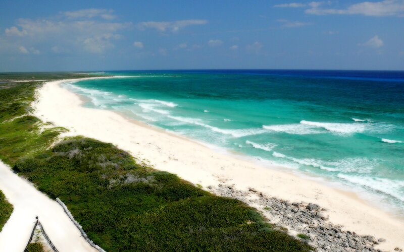 White Sand Beach — Blue, Serene, Afternoon, Photograph, Ocean, Green Shrubs, Sky