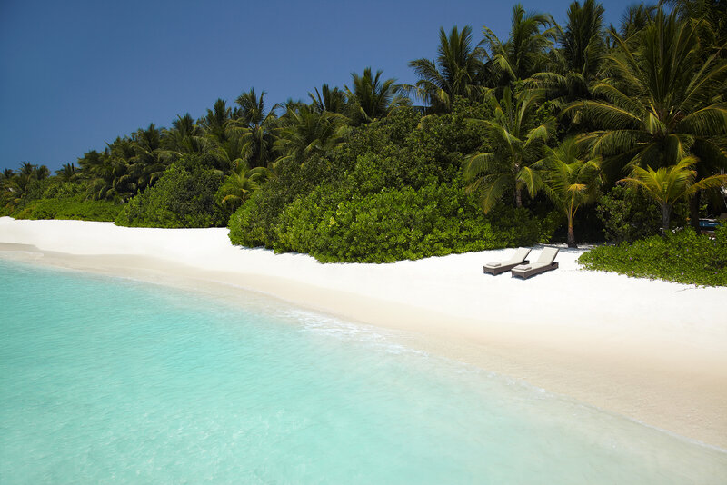 White Sand Beach — Blue, Serene, Afternoon, Photograph, Palm Trees, Lounge Chairs