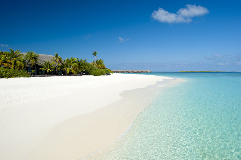 White Sand Beach — Blue, Serene, Afternoon, Photograph, Palm Trees, Ocean, Bungalows