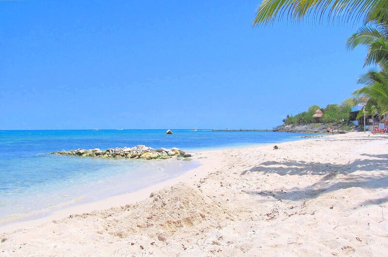 White Sand Beach — Blue, Serene, Afternoon, Photograph, Palm Trees, Ocean, Rocks