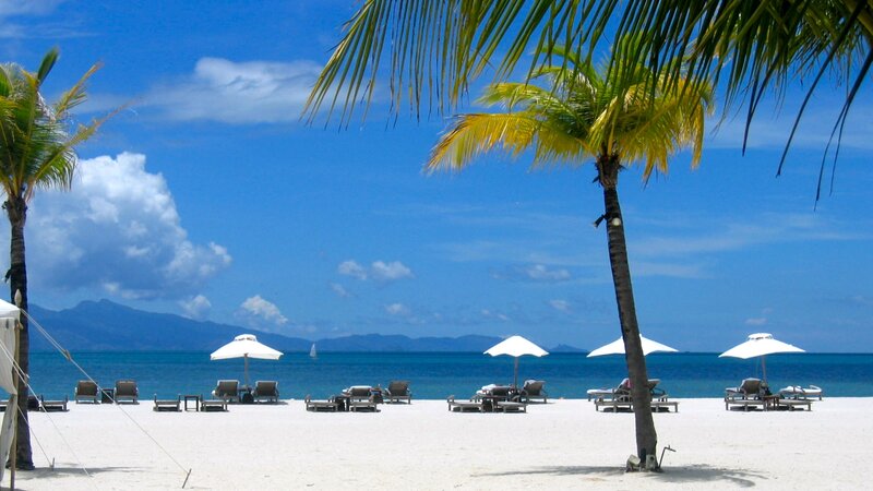 White Sand Beach — Blue, Serene, Afternoon, Photograph, Palm Trees, Umbrellas, Chairs