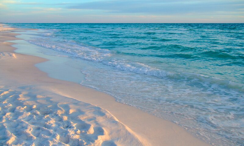 White Sand Beach — Blue, Serene, Sunset, Photograph, Ocean