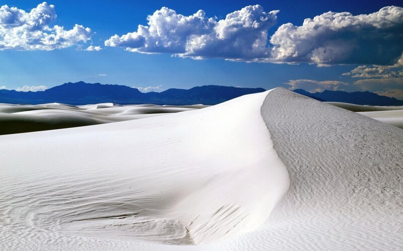 White Sand Dunes — Serene, Afternoon, Photograph, Mountains, Clouds, Sky, Blue, Gray