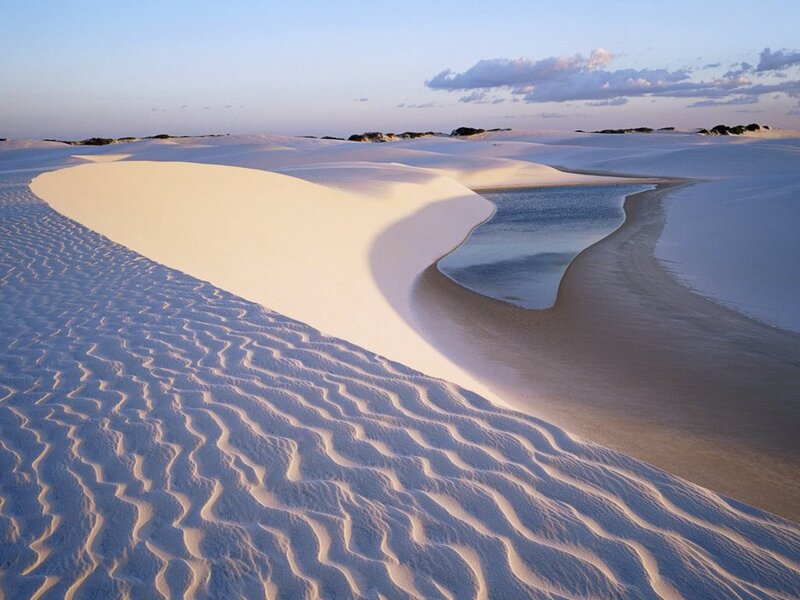 White Sand Dunes with Pond — Serene, Sunset