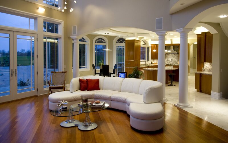 White Sectional Sofa — Serene, Night, Photograph, Coffee Table, Columns