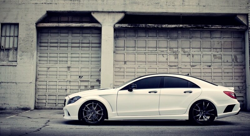 White Sedan Car — Dramatic, Photograph, Garage Doors