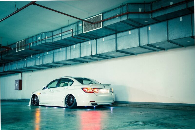 White Sedan Car — Dramatic, Photograph, Garage