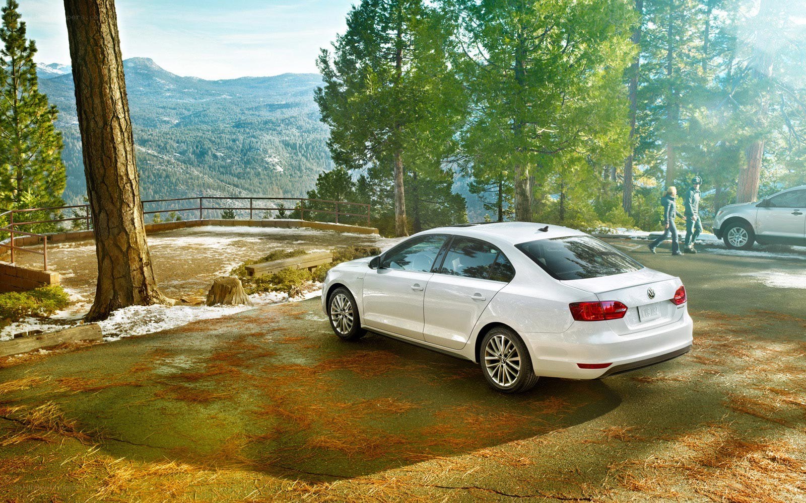 White sedan in forest parking