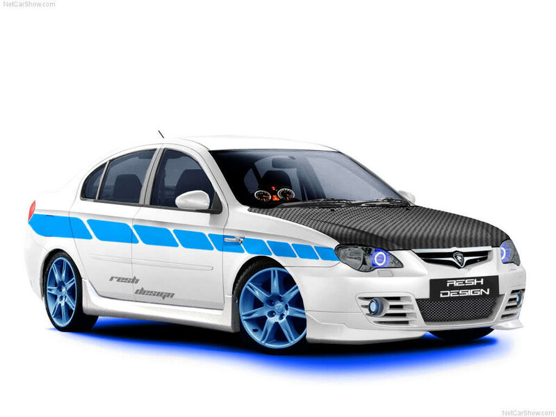white sedan with blue accents