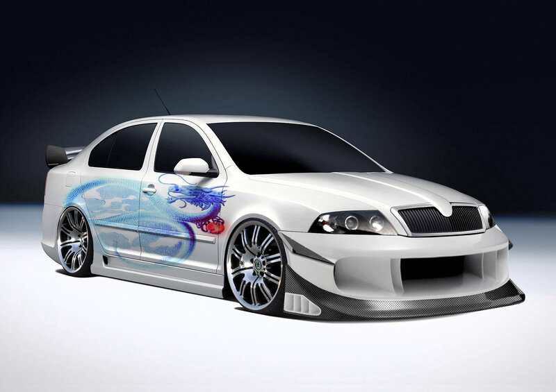 white sedan with dragon decal