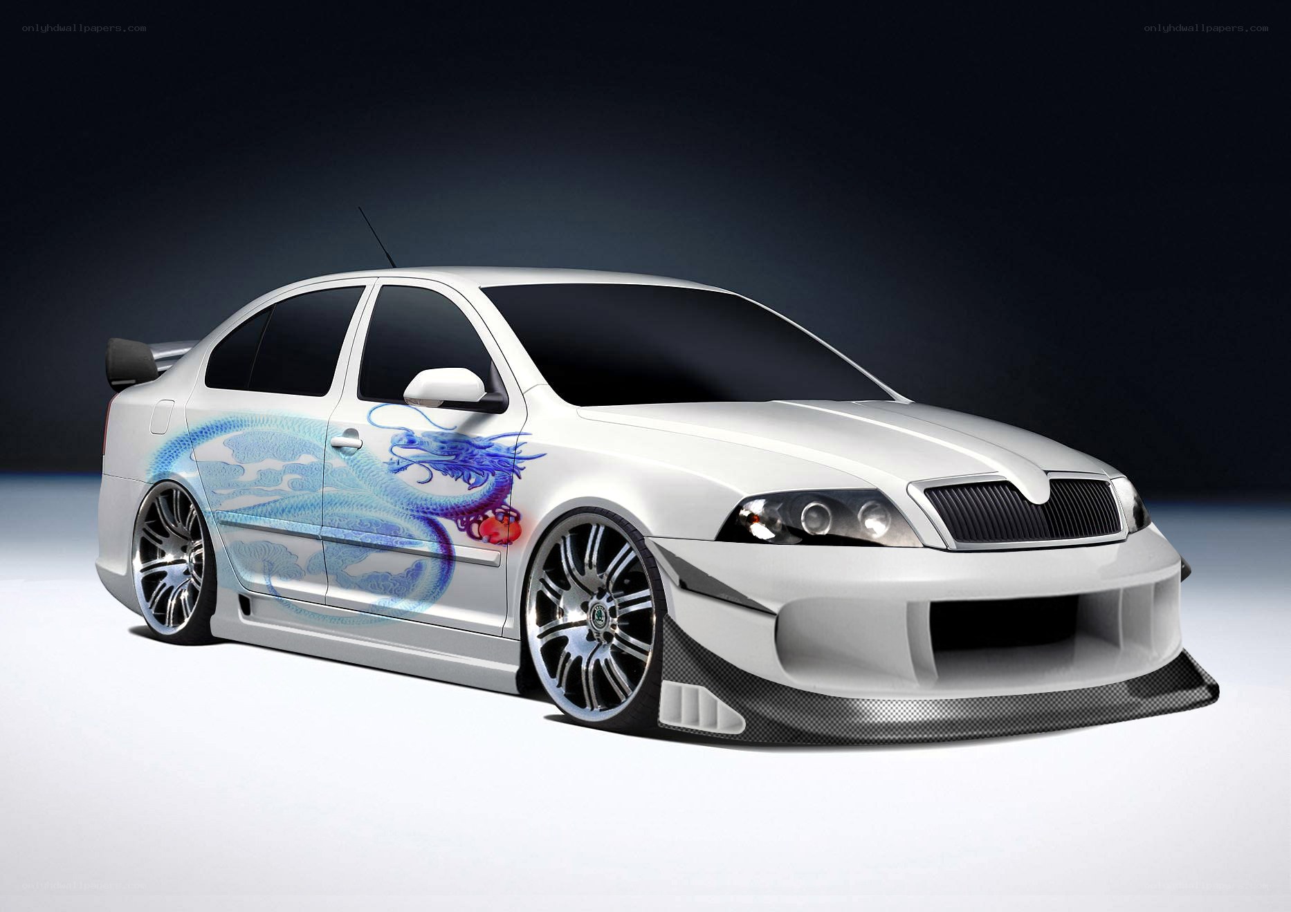white sedan with dragon decal