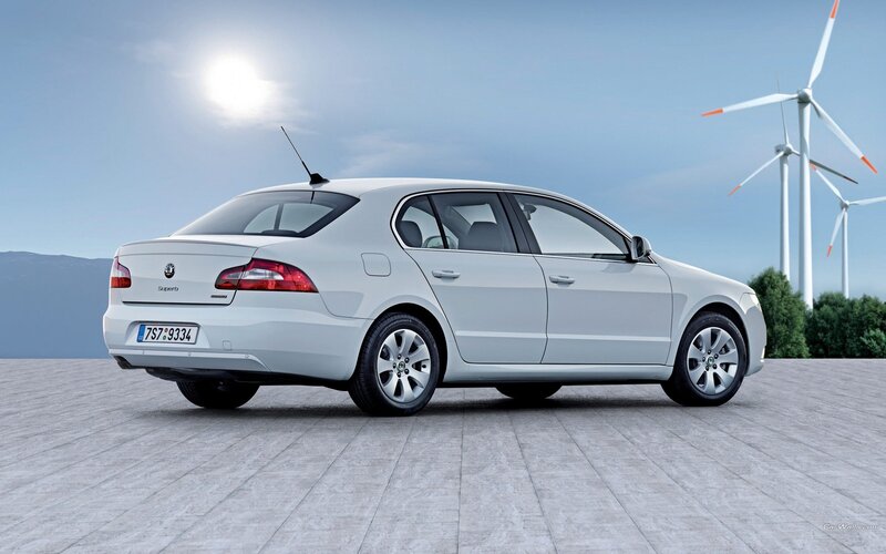White sedan with wind turbines