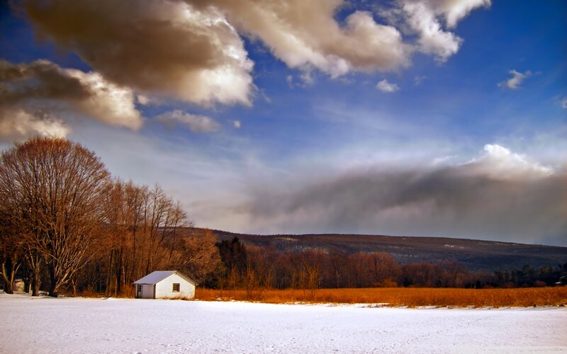 White Shed in Snow — Blue