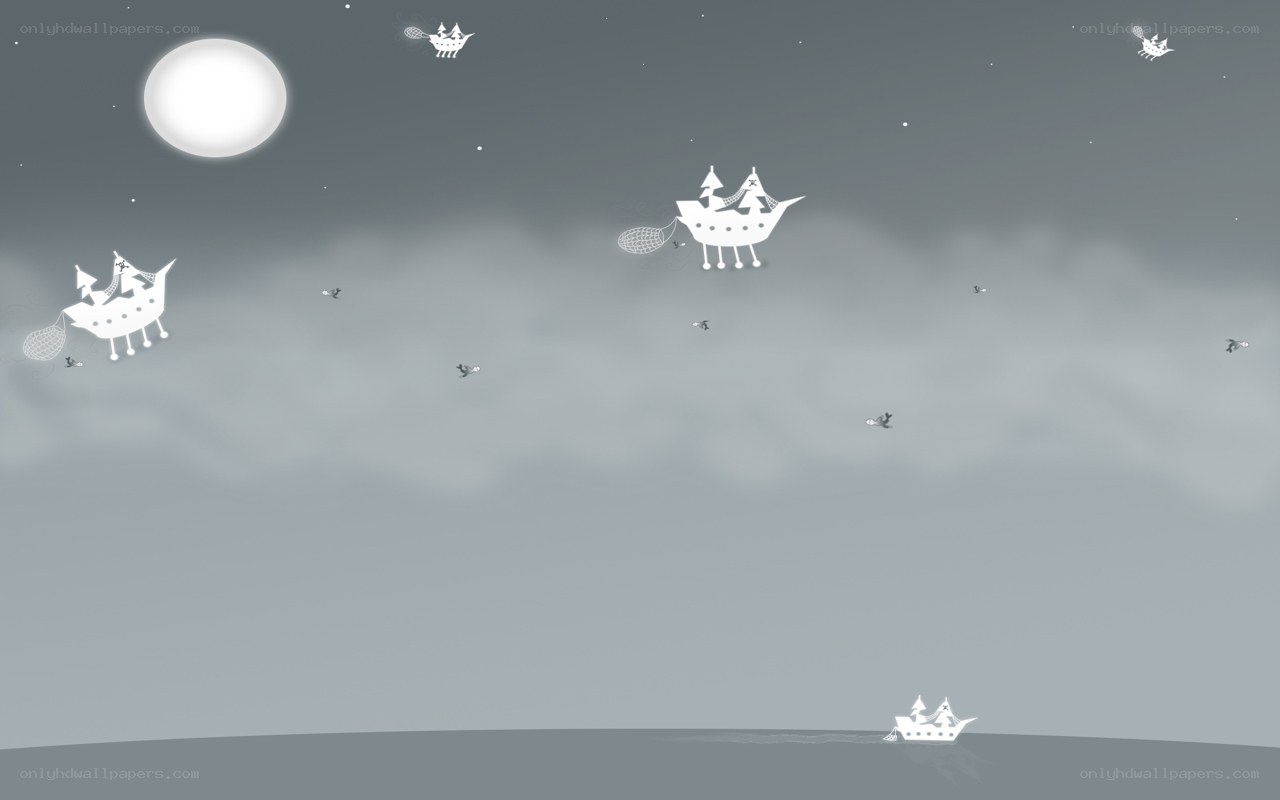white ships in gray sky