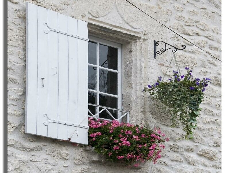 white shuttered window with flowers