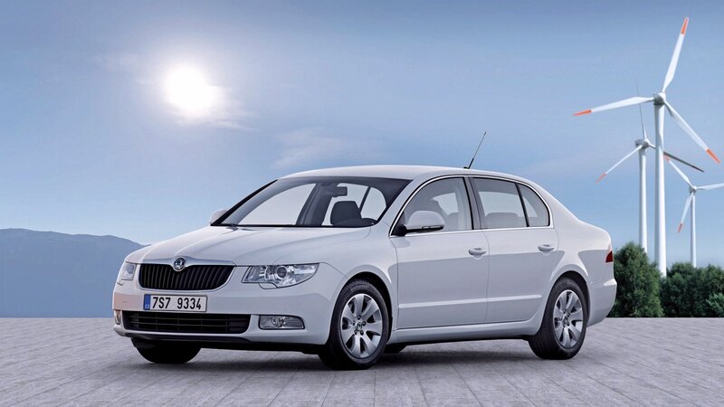 White Skoda Octavia with wind turbines