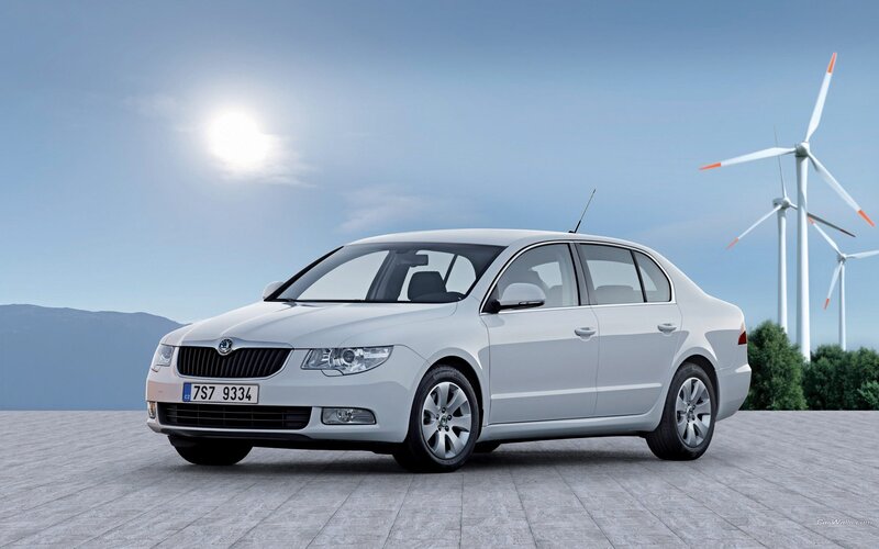 White Skoda Octavia with wind turbines