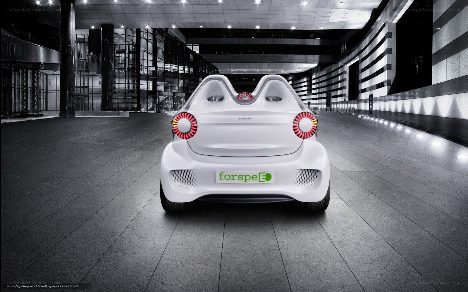 White smart car in modern hall