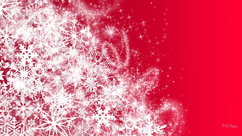 White Snowflakes on Red — Festive, Winter, Digital Art