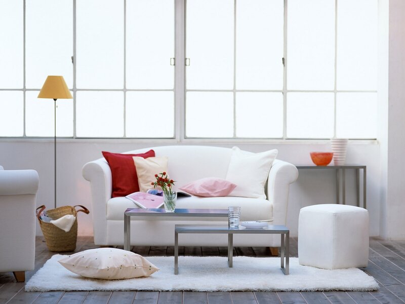 White Sofa in Living Room — Calm, Afternoon, Photograph, Pillows