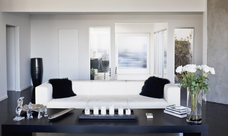 White Sofa in Living Room — Minimalist, Photograph, Black Pillows