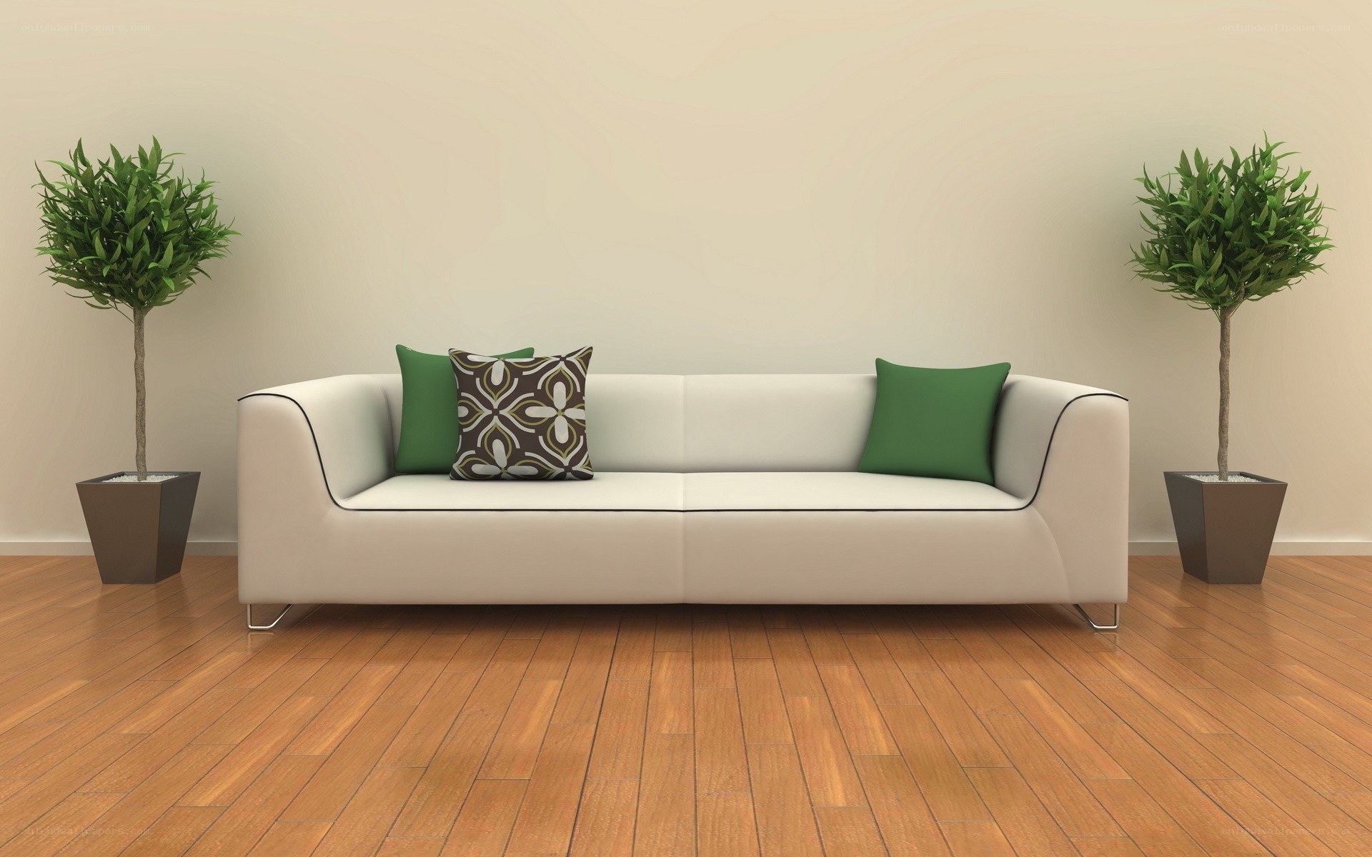 White sofa with green pillows