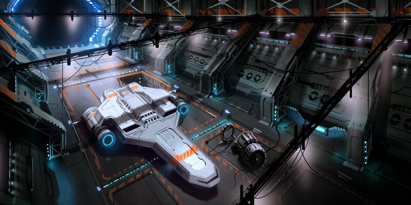 White Spaceship in Hangar — Gray