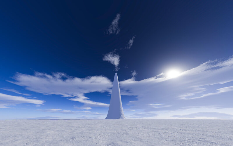White spire in snowy landscape