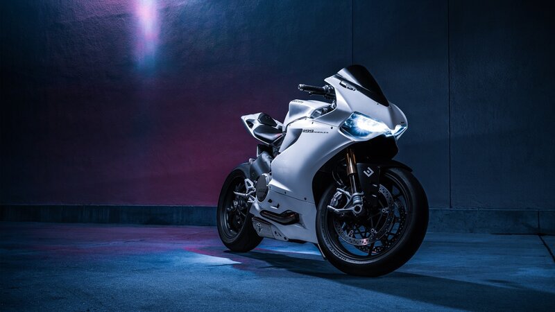 White Sport Motorcycle — Dramatic, Night, Photograph, Headlight