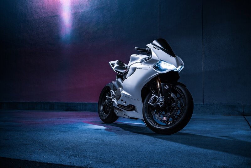 White Sport Motorcycle — Dramatic, Night, Photograph