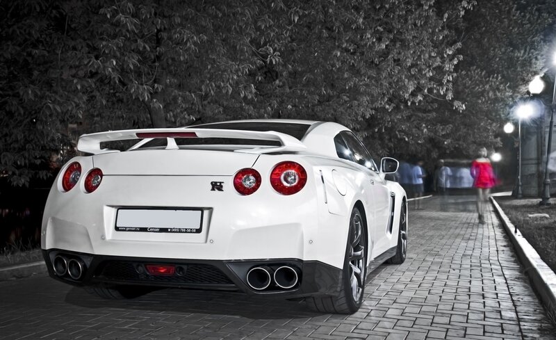 White sports car at night