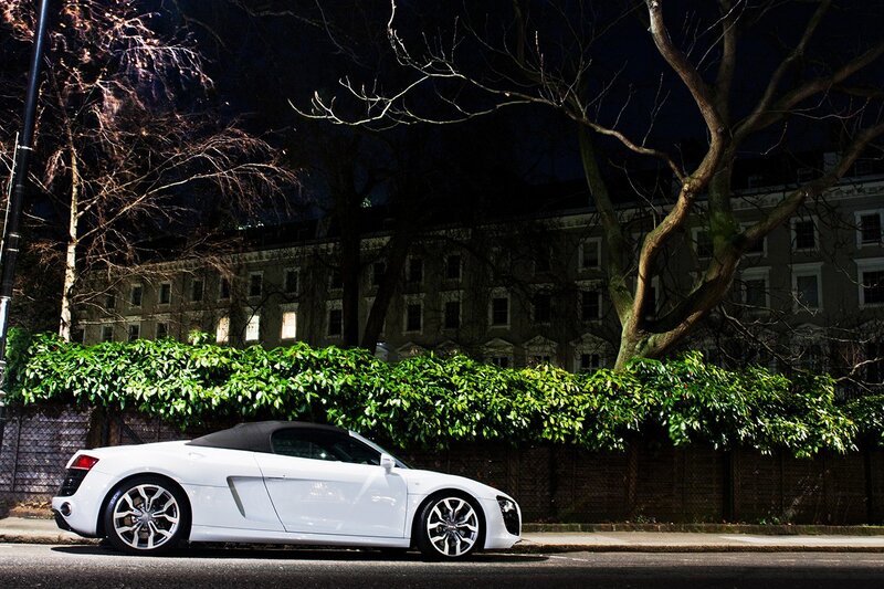 White sports car at night