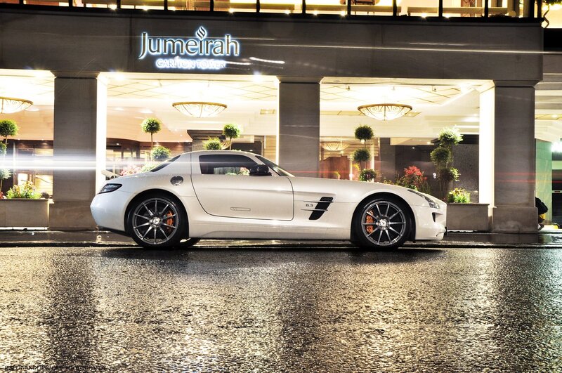 White sports car at night