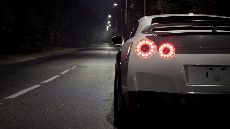 white sports car at night