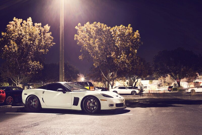 White sports car at night
