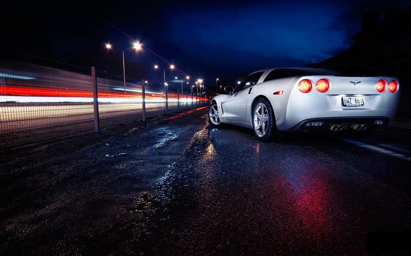 White sports car at night